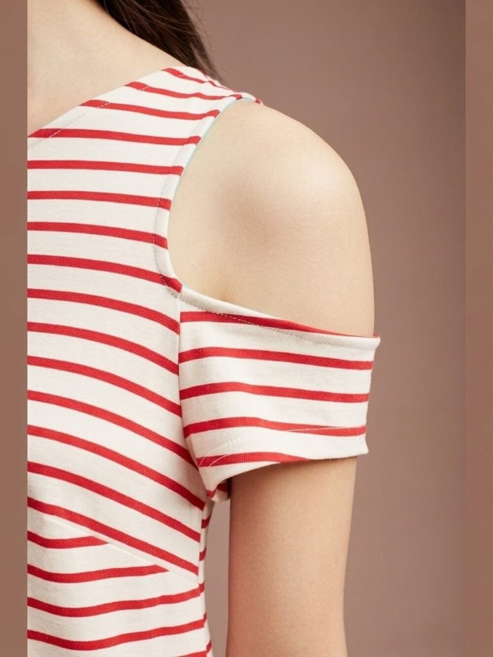 Anthropologie Maeve Marketa One-Shoulder Dress Red Cream Size L Coastal Tailgate - Picture 2 of 9